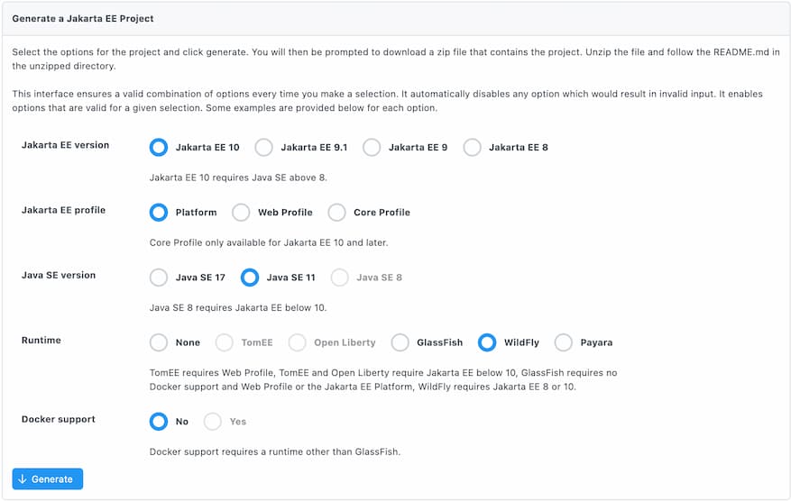 A screenshot of the form from start.jakarta.ee to generate a Jakarta EE project.